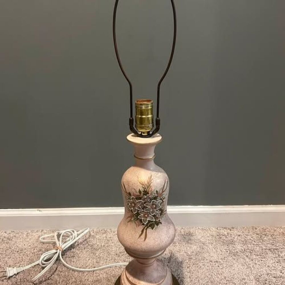 Vintage Pink Floral Ceramic Table Lamp - Brass Base (Works!)